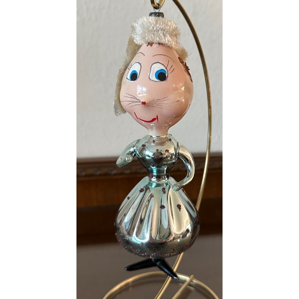 Vtg Blown Glass‎ Di Carlini Mouse Cat Girl Dress Ornament Italy